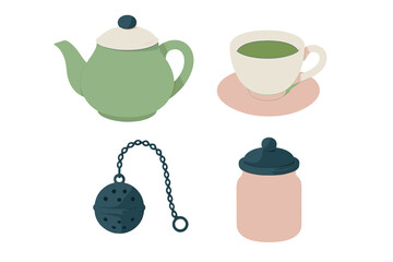Modern tea time essentials collection featuring a teapot, teacup, tea infuser, and storage jar for a relaxing break with hot beverage on a clean background