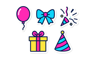 Brightly colored graphic elements for festive occasions including balloons, gift boxes, party hats, and confetti poppers