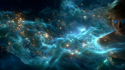 Fototapeta premium Epic image , with swirling smoke forming the shape of a breathtaking mermaid, pale white skin, long golden hair flowing like waves, glowing blue eyes.
