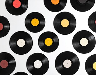 Many colorful vinyl records on white