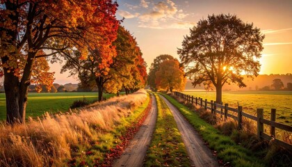 Naklejka premium Autumnal country lane at sunrise. Colorful trees line a dirt road, leading into a golden landscape