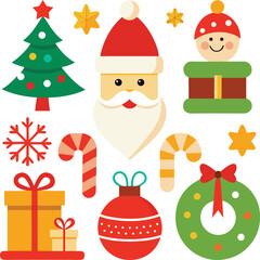 Fototapeta premium Vector art of assortment of cheerful christmas elements featuring santa claus, a christmas tree, snowflakes, candy canes, gift boxes, and ornaments, all isolated on a