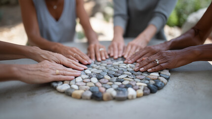 Diverse group of hands united around circle of stones symbolizing community