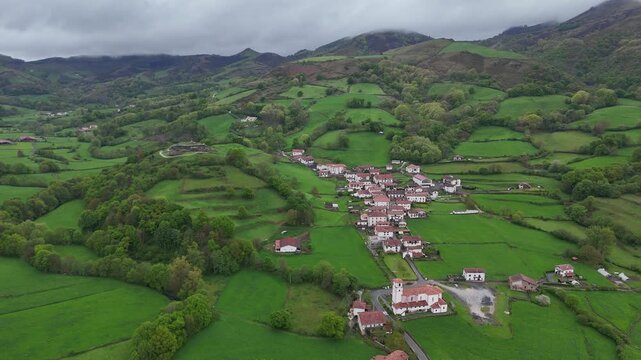 Aerial view of Amaiur village and its historic ruined castle at Nafarroa, Basque Country.