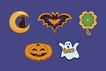 Cute Halloween set cat, bat, ghost, pumpkin, lucky clover. Holiday stickers flat vector illustration.