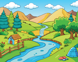 Obraz premium Cartoon landscape with a river and mountains