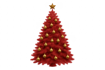 Red christmas tree with golden ornaments and star topper