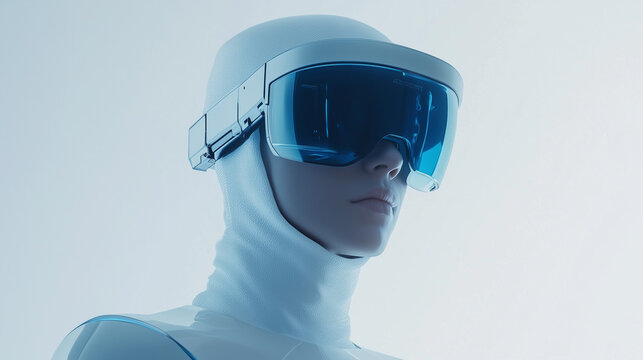 Futuristic White Humanoid Model with Blue Smart Glasses in Minimalist Technology Background