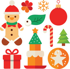 Fototapeta premium Vector art of assortment of flat design christmas elements featuring a gingerbread man, cake, gift, candy cane, snowflake, and christmas tree