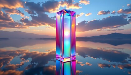 Iridescent Glass Structure Reflection Sunset Over Water