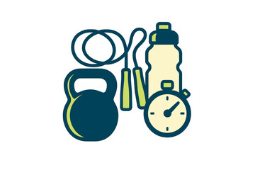 Fitness equipment collection with kettlebell, jump rope, water bottle, and stopwatch for exercise