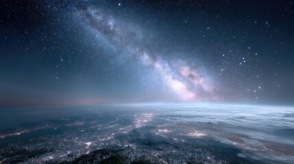 Fototapeta premium City Lights Under a Starry Night Sky Aerial View with Soft Glow and Milky Way in a Dark Blue Sky