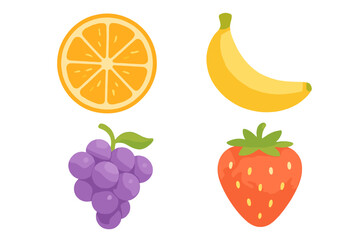 Colorful assortment of fresh healthy fruits including a sliced orange, ripe banana, purple grapes, and a red strawberry