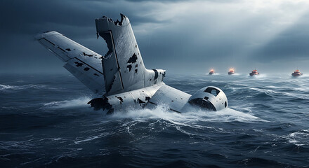 Wreckage in Deep Blue Abandoned Airplane Remains Submerged at Sea