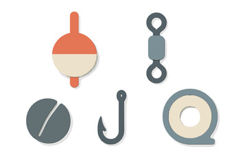 Collection of essential fishing tackle elements featuring a bobber, hook, sinker, and swivel in a clean design © Andrei