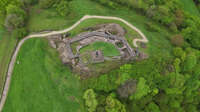 Aerial view of Amaiur village and its historic ruined castle at Nafarroa, Basque Country.