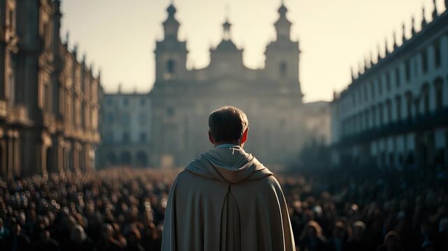 Priest delivers sermon to massive crowd during ceremony. Preacher and clergy man offer blessing. Priest speaks as leader, preacher repeats blessing in religious sermon and sacred ceremony