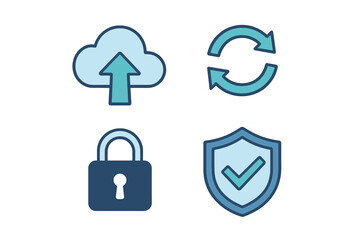Essential digital icons for cloud data management, system refresh, secure access, and robust online protection