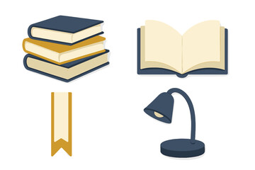 Collection of educational items including a stack of books, an open book, a bookmark, and a modern desk lamp