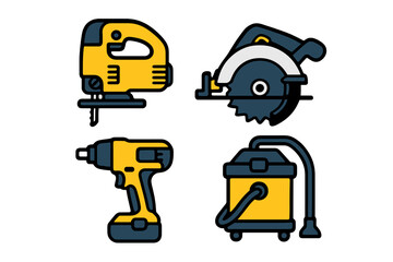 Fototapeta premium Essential power tools for construction, carpentry, and home improvement projects, including a jigsaw, circular saw, and cordless drill