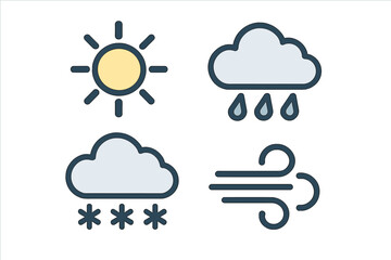 Basic weather elements for daily forecasts: clear sky sun, cloud with falling rain, cloud with falling snow, and strong wind