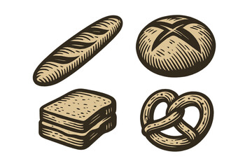 Assortment of freshly baked bread products including baguette, pretzel, round loaf, and sliced bread