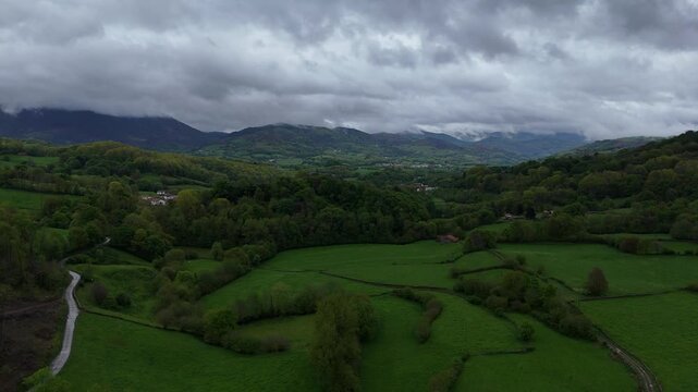 Aerial view of Amaiur village and its historic ruined castle at Nafarroa, Basque Country.