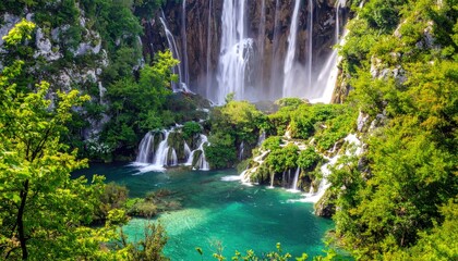 Fototapeta premium Lush waterfall cascading into turquoise pool (11)