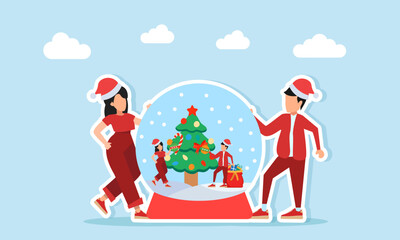 Man and woman in red outfits with Santa hats standing near Christmas tree decoration with mannequin illustration for holiday celebration appreciation