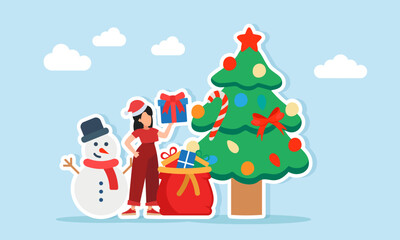 Woman in red outfit with Santa hat taking gift from sack full of presents near Christmas tree and snowman illustration for holiday celebration appreciation