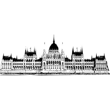 Vector image of Budapest Parliement in Hungary, black and white image generated from a real photograph.