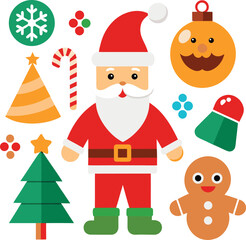 Fototapeta premium Vector art of a cheerful composition of christmas icons including santa claus, a gingerbread man, candy cane, christmas trees, ornaments, and snowflakes, all isolated on a for easy use