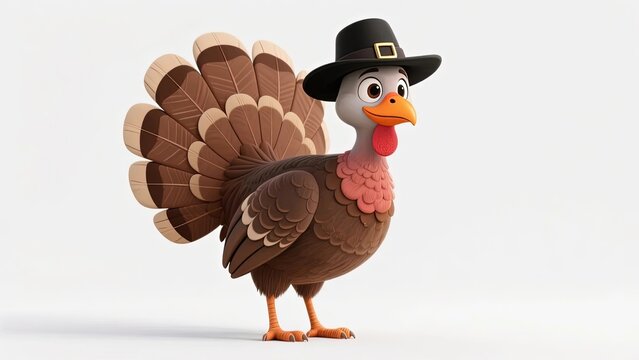 3D animated turkey wearing a pilgrim hat, standing against a white background - Powered by Adobe