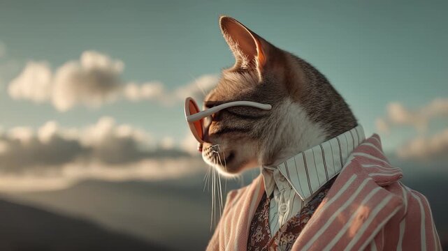 Elegant cat dressed in striped suit. Glasses add fashion detail. Bowtie pet costume for stylish look. Cool animal fashion model. Cat in sunset scene wears glasses in outdoor portrait.