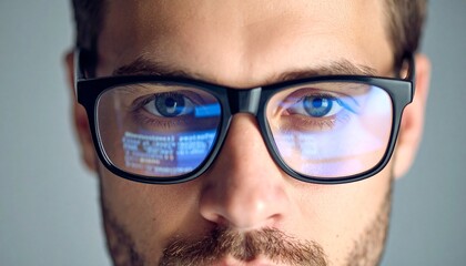 Close-up of a male programmer's face with computer code clearly visible in his eyeglass lenses