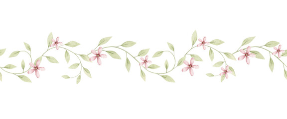 It's a girl. Watercolor hand-drawn horizontal border with tenderness leaves and pink flowers. Seamless pattern for baby girl. Cute print for kids.