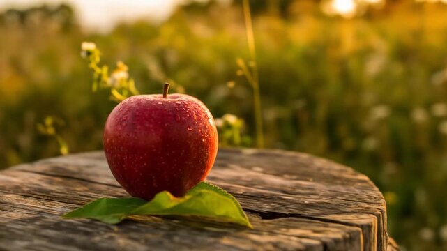 Red Apple with Water Droplets Resting on Tree Stump with Green Leaf in a Meadow with Golden Light