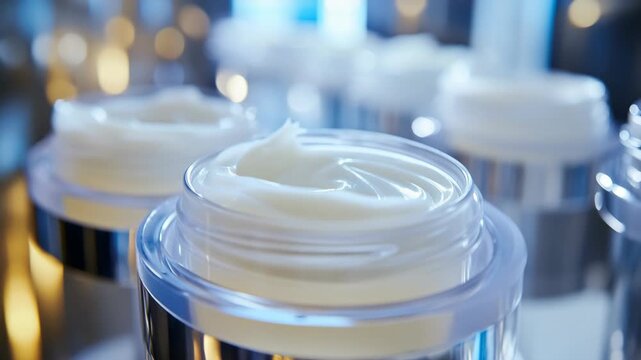A luxurious skincare cream jars in a cosmetics store showcases premium quality products for beauty enthusiasts. It highlights elegant packaging and innovative formulations for various skincare needs