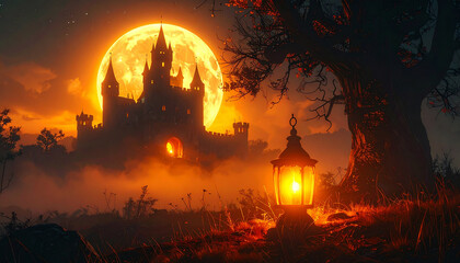 A glowing orange lantern lights the foreground with an eerie castle silhouette against a huge, bright moon. Dark trees and fog create a dramatic Halloween scene.