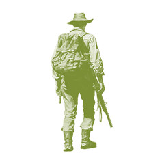Vintage illustration of a hunter with a rifle and backpack, ready for adventure in the wilderness