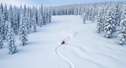 Skier carving fresh tracks in deep powder snow through a winter forest. Aerial view of extreme winter sport in beautiful snowy landscape.