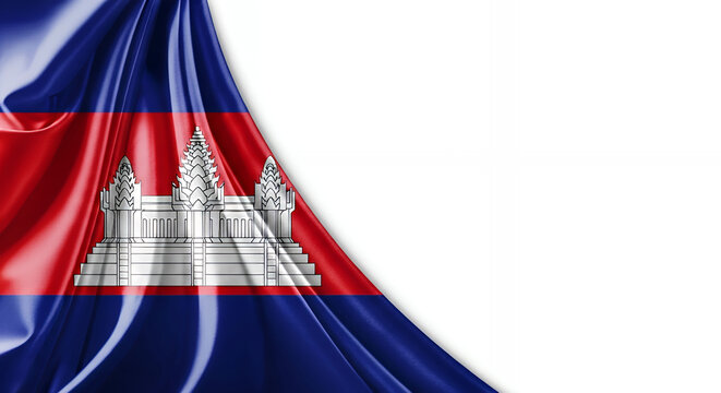 Cambodian flag waves gently against a white backdrop, symbolizing national pride and cultural heritage with its rich colors and intricate temple emblem.