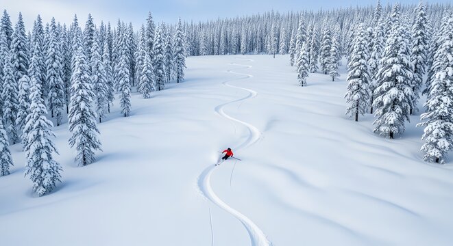 Skier carving fresh tracks in deep powder snow through a winter forest. Aerial view of extreme winter sport in beautiful snowy landscape. - Powered by Adobe