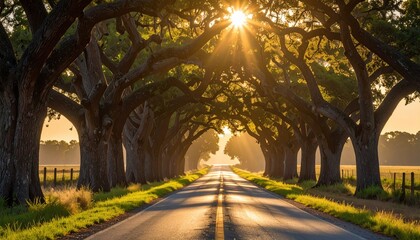 Obraz premium Sunbeams pierce a tree-lined road