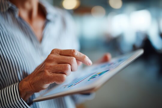 Elderly woman using tablet for reviewing graphs and data analysis in a modern office setting.