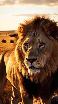 The noble king of the wild, a majestic male lion, gazes across the sun-drenched plains of Africa at sunrise, a symbol of power and freedom