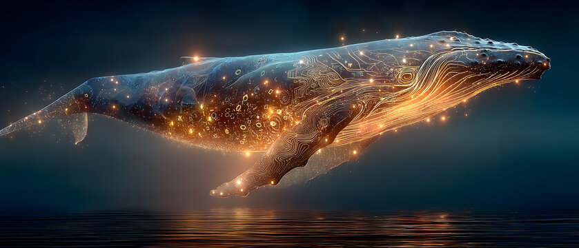 Digital Whale with Glowing Light and Circuit Swimming in the Ocean - Powered by Adobe