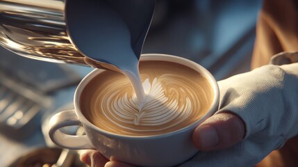 Barista pouring steamed milk into a cup of coffee, creating beautiful latte art in a cozy café setting.