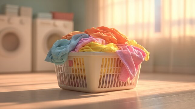 A overflowing laundry basket filled with colorful clothes, set in a bright, cozy laundry room.