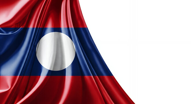 Lao flag waving gently against a white backdrop, symbolizing national pride and cultural heritage with vibrant colors and smooth fabric texture.